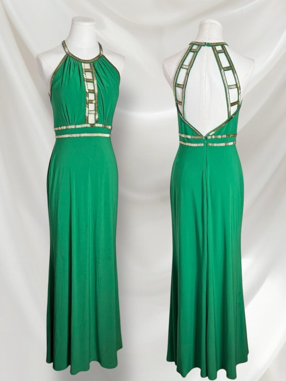 Emerald Halter Evening Gown with Gold Trim